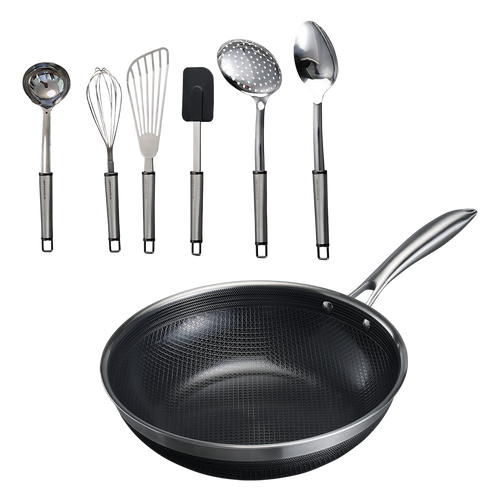 Wok Ø30 med Låg + Køkkenredskaber - 6 dele