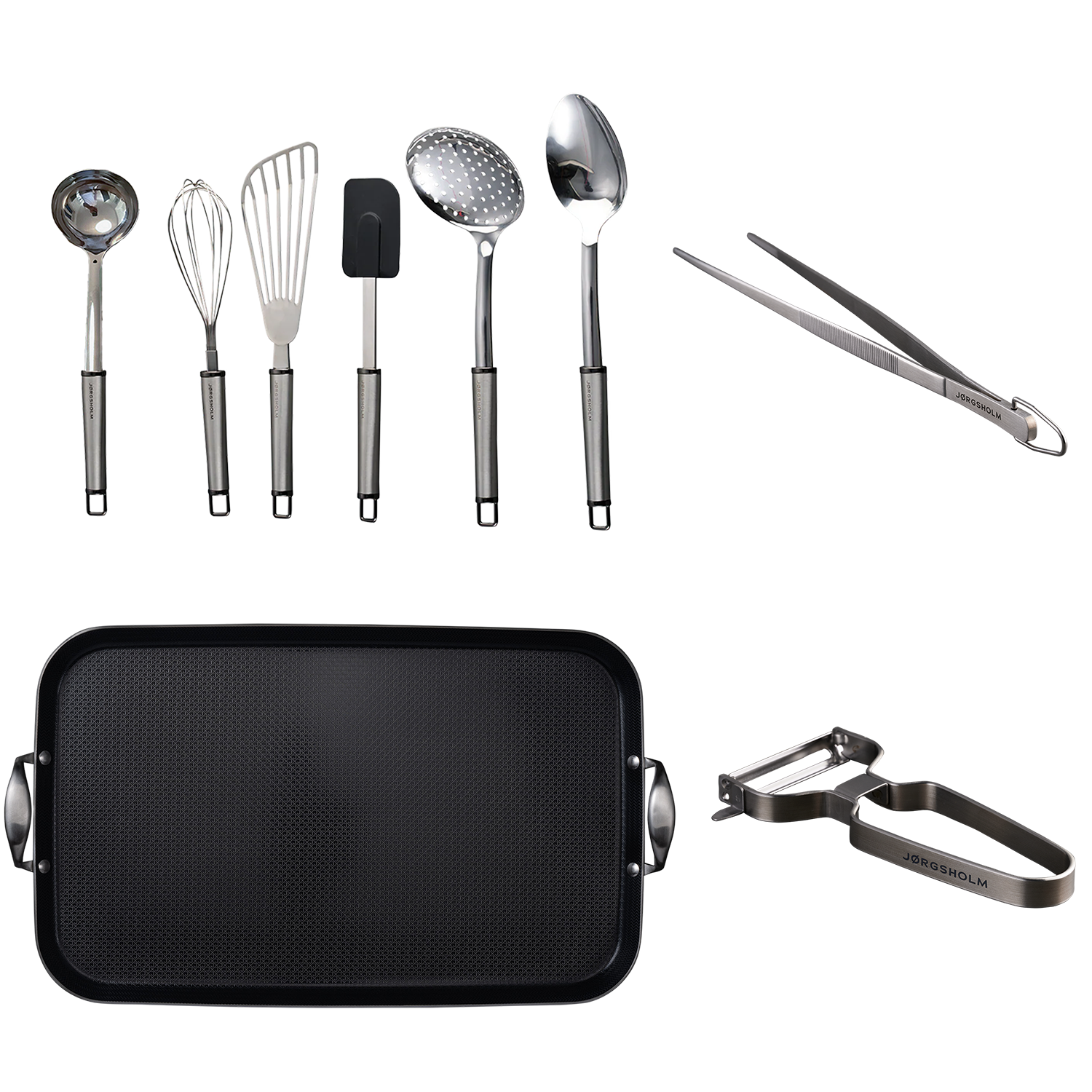Pakketilbud - Stegeplade + køkkenredskaber (8 dele)