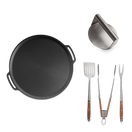 Pizza- og grillplade + grillredskaber + burger smasher