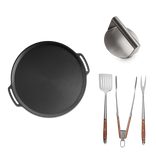 Pizza- og grillplade + grillredskaber + burger smasher