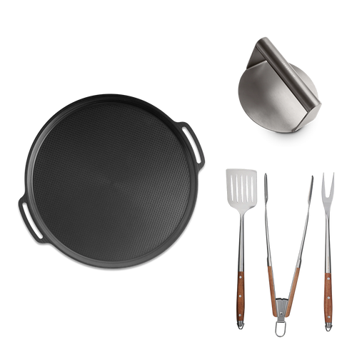 Pizza- og grillplade + grillredskaber + burger smasher