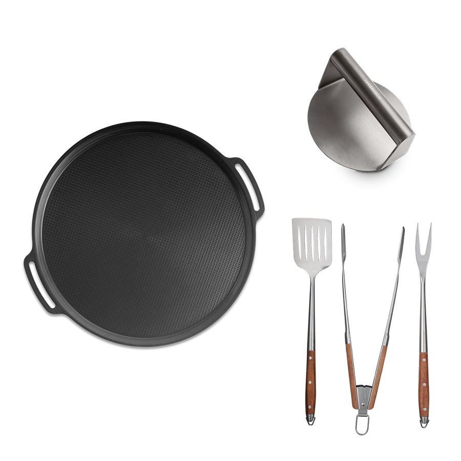 Pizza- og grillplade + grillredskaber + burger smasher