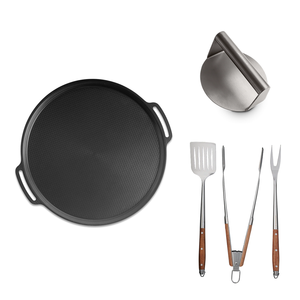 Pizza- og grillplade + grillredskaber + burger smasher